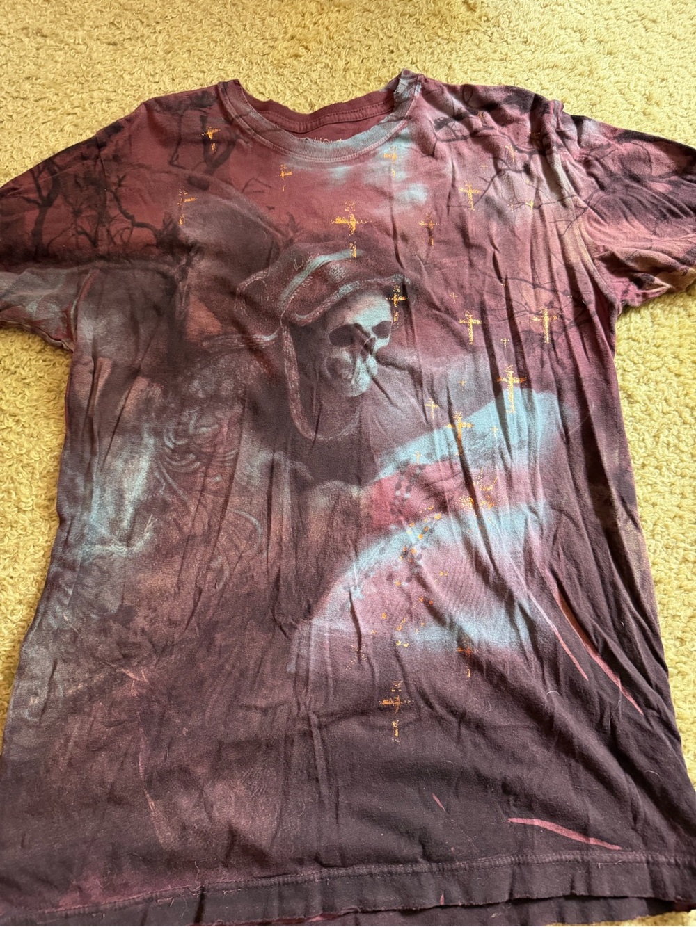 Affliction Maroon Graphic Skull Short Sleeve Tee with Gold Accents